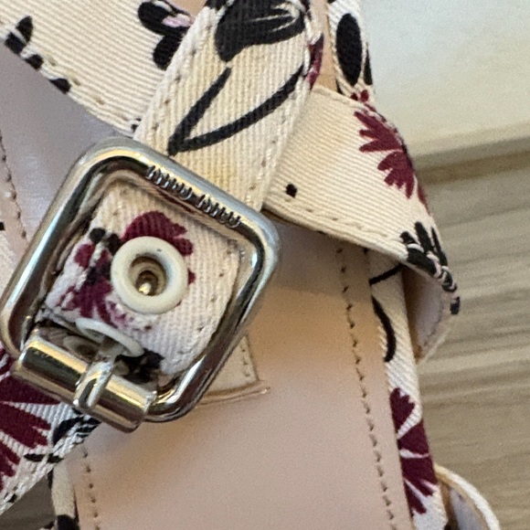 Miu Miu Cream and Black Floral Gabardine Sandals - Picture 10 of 11